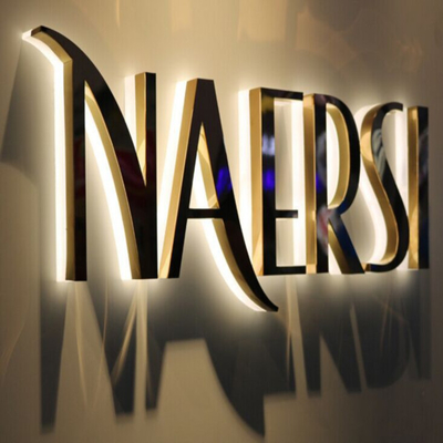 Gold Mirror Business Logo Signage Stainless Steel Lighted Storefront Signs