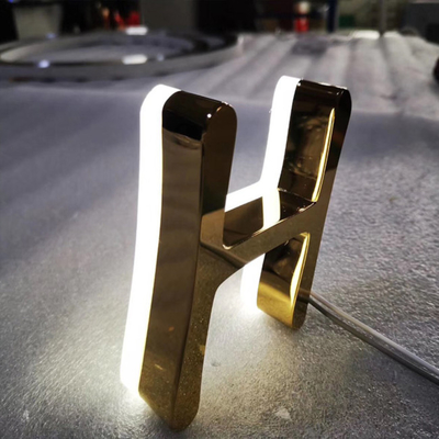 Gold Mirror Business Logo Signage Stainless Steel Lighted Storefront Signs