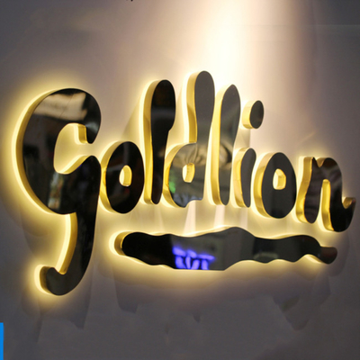 Gold Mirror Business Logo Signage Stainless Steel Lighted Storefront Signs